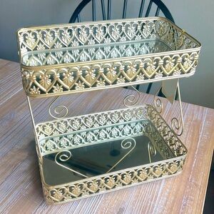 Gold Tone Metal Mirrored 2 Tiered Decorative  Organizer Tray.